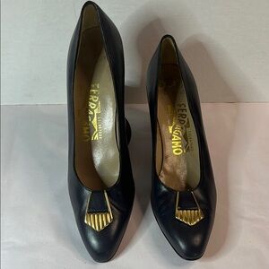 Salvatore Ferragamo Navy Leather Pumps - Narrow Width